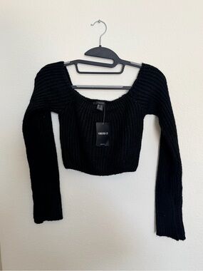 NWT Forever 21 Black Ribbed Knit Off Shoulder Cropped Sweater Long Sleeve Size M
